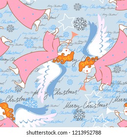 Angels. Christmas and New Year. Seamless pattern with snowflakes and handwritten text, lettering for packages, wrappers, holidays, fabrics and light industry. Vector image, background.