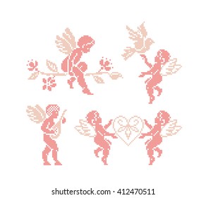 Angels. Cupid. Cross stitch. Vector set. Embroidery.