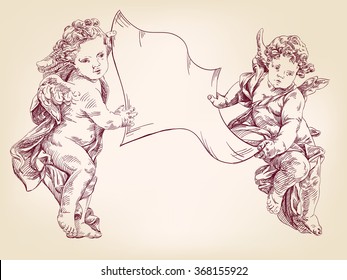 angels or cupid are holding a blank sheet of messages isolated hand drawn vector llustration realistic sketch