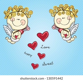 Angels of Cupid on blue background. Vector Illustration
