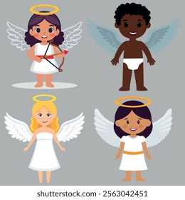 Angels Cupid with wings. Set of four angels. Character, element for cards. Valentine's day. Vector