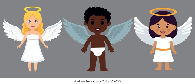 Angels Cupid with wings. Set of three angels. Character, element for cards. Valentine's day. Vector