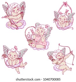 Angels or cupids set. Angels sitting on the clouds with arrows or flowers. Colored vector illustration in sketch style.