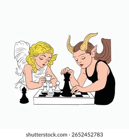  Anjos e Demônios Xadrez Match. Ilustração de estilo de desenho animado