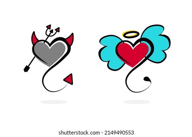 Angel's and demon's hearts with wings, horns, tail and nimbus on white background. Vector illustration.