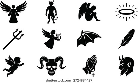 Angels and Demons Vector Silhouette Set - Heaven and Hell Symbols, Wings, Halo, and Devil Horns Icons
