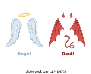 Angels And Demons Wings. Cartoon Evil Demon Horns And Good Angel Wing With Angelic Nimbus. Devil Bad Evil And Saint Angel Mischief Heaven Goods Characters Vector Isolated Icon Illustration Set