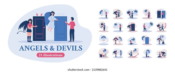 Angels devil compositions set with flat characters of people choosing doors paths making decisions with text vector illustration