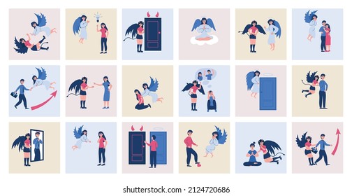 Angels devil set with square compositions of flat doodle style human characters with flying angels wings vector illustration