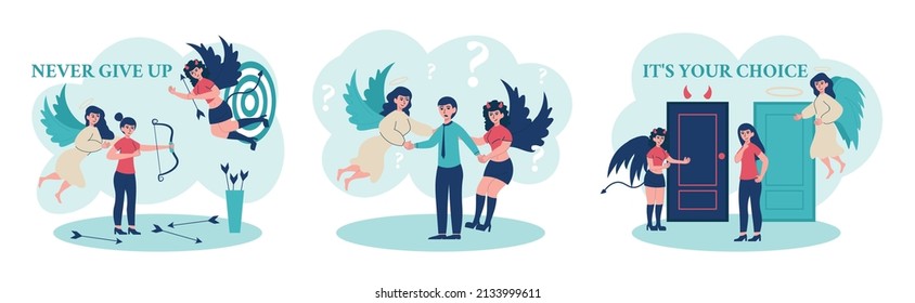Angels devil set of three isolated compositions with flat mythical characters forcing persons to make choices vector illustration
