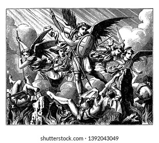 Angels fall from heaven fighting with other angels fall on ground, angels fighting with swords and shields, vintage line drawing or engraving illustration