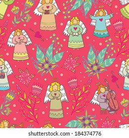 angels and flowers pink seamless pattern