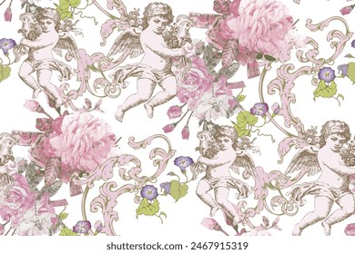 Angels and flowers. Victorian seamless floral pattern. Suitable for fabric, wrapping paper and the like