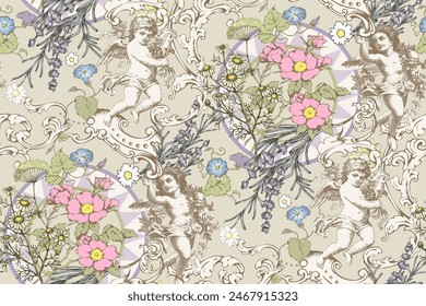 Angels and flowers. Victorian seamless floral pattern. Suitable for fabric, wrapping paper and the like