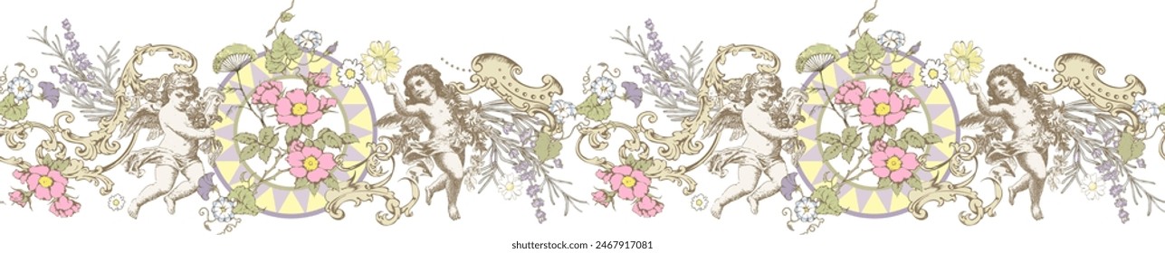 Angels and flowers. Victorian seamless floral border. Suitable for fabric, wrapping paper and the like