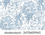 Angels and flowers. Victorian seamless pattern. In style Toile de Jou. Suitable for fabric, wrapping paper and the like