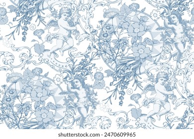 Angels and flowers. Victorian seamless pattern. In style Toile de Jou. Suitable for fabric, wrapping paper and the like