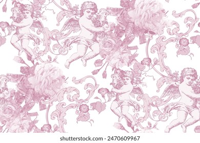 Angels and flowers. Victorian seamless pattern. In style Toile de Jou. Suitable for fabric, wrapping paper and the like