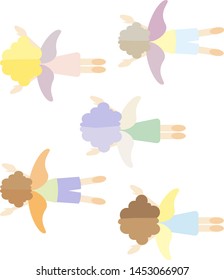 Angels fly across the sky the view from the top. People with wings. Children in a dream. A group of flying cartoon characters.