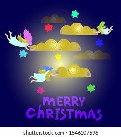 Angels fly with golden clouds in the night sky at Christmas. Holiday card with colorful stars on a dark background. EPS10 vector illustration.