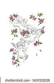 Angels fly in heaven with flowers . Graphic vintage linear drawing. Concept for religious holidays - Easter, Christmas. Biblical heavenly symbol of children with wings. 
