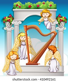 Angels flying around the harp illustration