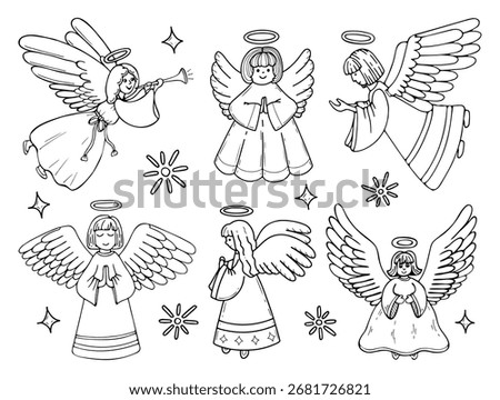 Angels flying in the starry sky coloring page hand drawn doodle. Symbol of Christmas. Guardian prayer. Vector line art illustration. Book for children and adults.