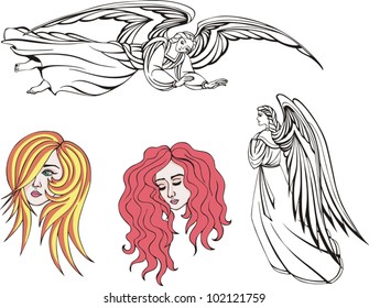 Angels and girls. Vector set