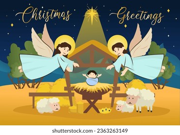 Angels greet Jesus background concept with people scene in the flat cartoon design. A pair of angels hasten to Bethlehem to see the new-born holy child. Vector illustration.