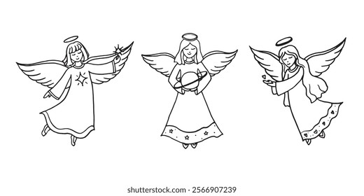 Angels hand drawn linear illustration on isolated white color background in vector format