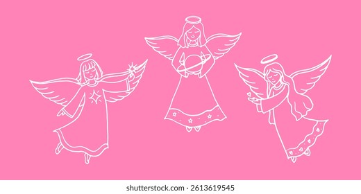 Angels hand drawn linear illustration on isolated pink color background in vector format