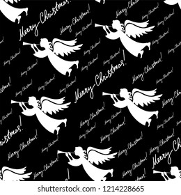 Angels. Handwritten text. Christmas festive seamless pattern for packaging, wrappers, holidays, fabrics and light industry. Vector image.