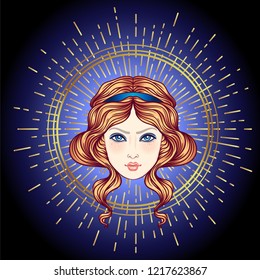 Angel's head with golden halo. Isolated hand drawn vector illustration. Trendy Vintage style element. Spirituality, occultism, alchemy, magic, love. 