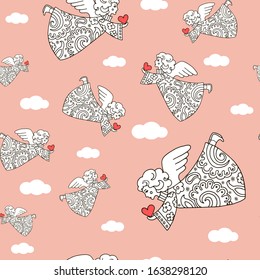 Angels with heart in their hand flying in the sky. Seamless pattern. Endless texture on pink background. Nice for wrapping paper, cover, fabric print, bags print