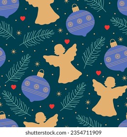 Ángeles y corazones, árbol de Navidad y bolas de Navidad, copos de nieve y estrellas de fondo azul. Ilustración vectorial de invierno para su papel envolvente, diseño textil.