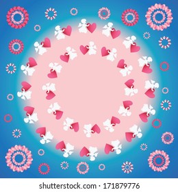 Angels with hearts and circles on blue and pink background.