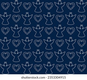 Angels and hearts on a blue background, seamless vector illustration.