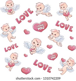 Angels and hearts pattern for Valentine's day gift. Angels with hearts in their hands. Vector pattern with serge and angels babies