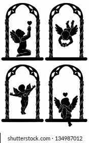 Angels with hearts silhouettes isolated