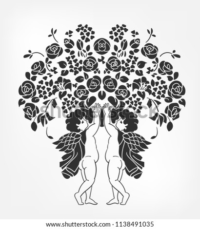 angels hold flowers vector illustration stencil