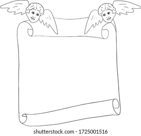 Angels are holding an empty sheet of paper. Two Victorian angels carrying an old paper scroll. Place for your text. Prayers, celebration, invitation. Vector illustration on white background. 