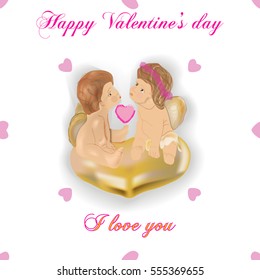 Angels of Love vector Happy Valentine's Day - Greeting Card, Valentine angels and hearts, vector illustration, two angels facing each other are sitting on a gold heart, heart on a white background