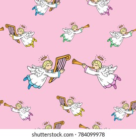 Angels with musical instruments seamless pattern. Vector illustration of christmas angel seamless pattern. Hand drawn angels with wings.
