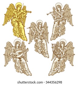 Angels with musical instruments in three colors on a white background / Figures turned inwards