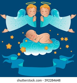 Angels on the baby sleeping on a cloud. Card birth, a child baptism.
