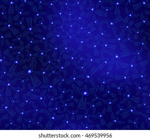 Angels on blue background. Seamless pattern of angels with glowing stars in their hands. For design of covers, printing on fabric or paper