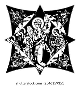 Angels on cross dome with 4 apostles, angels and seraphim. Ink illustration black and white in Byzantine style isolated