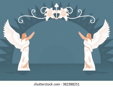 Angels with open wings and hands raised in front of an arched background.