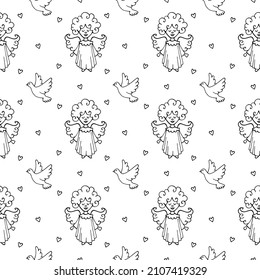 Angels pattern. Seamless background with angels. Hand-drawn doodle illustration.