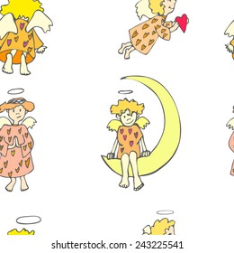Angels pattern. Seamless vector text. Valentine'S Day. Cupids and Unicorn. Vector for your design.